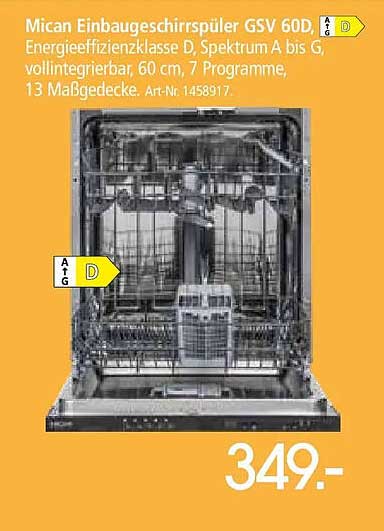 Mican Einbaugeschirrspüler GSV 60D, Energieeffizienzklasse D, Spektrum A bis G, vollintegrierbar, 60 cm, 7 Programme, 13 Maßgedecke, Art.-Nr. 1458917.