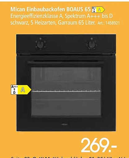 Mican Einbauherdofen BOAUS 65 Energieeffizienzklasse A, Spektrum A+++ bis D schwarz, 5 Heizarten, Garraum 65 Liter. Art.: 1458921