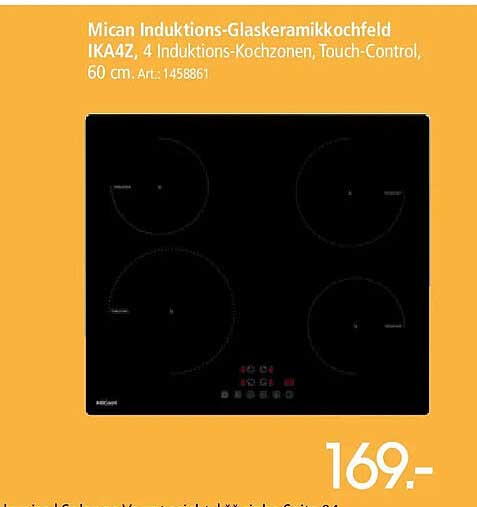 Mican Induktions-Glaskeramikkochfeld IKA47, 4 Induktions-Kochzonen, Touch-Control, 60 cm. Art.:1458861