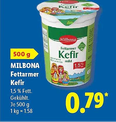 MILBONA Fettarmer Kefir 1,5 % Fett. Gekühlt. Je 500 g 1 kg = 1.58