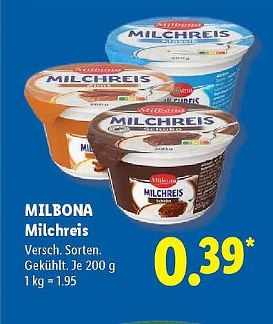 MILBONA Milcheis Versch. Sorten. Gekühlt. Je 200 g 1 kg = 1.95