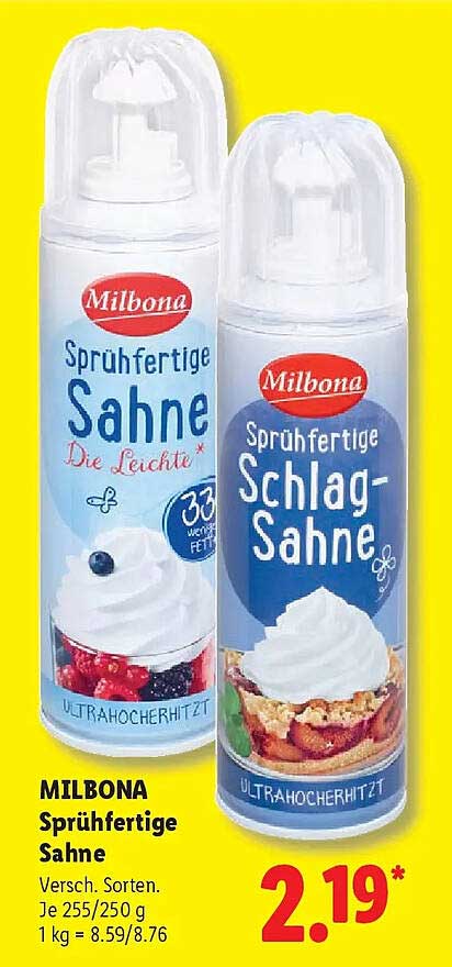 Milbona Sprühfertige Sahne