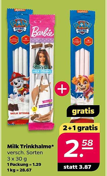 Milk Trinkhalme* versch. Sorten 3 x 30 g 1 Packaging = 1.29 1 kg = 28.67