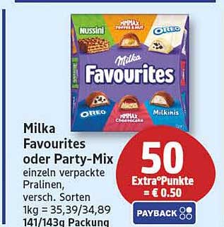 Milka Favourites oder Party-Mix einzeln verpackte Pralinen, versch. Sorten 1kg = 35,39/34,89 141/143g Packung