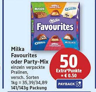 Milka Favourites oder Party-Mix einzeln verpackte Pralinen, versch. Sorten 1kg = 35,39/34,89 143/143g Packung