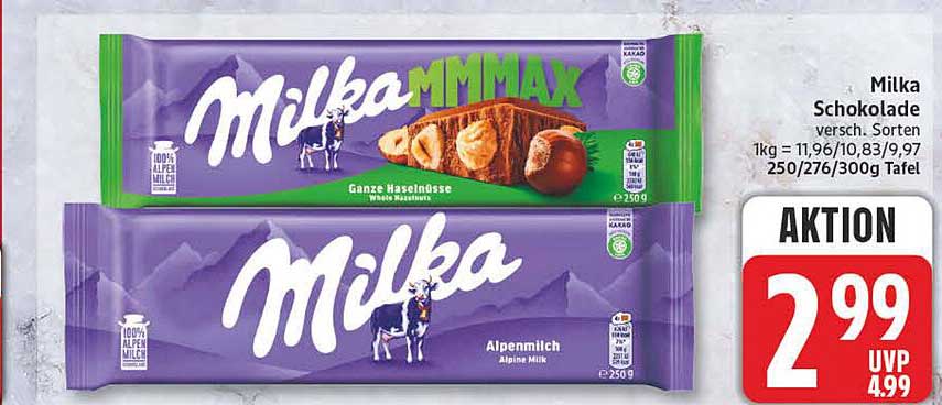 Milka Schokolade versch. Sorten 1kg = 11,96/10,83/9,97 250/276/300g Tafel