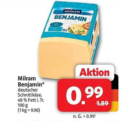 Milram Benjamin* deutscher Schnittkäse, 48 % Fett i. Tr., 100 g