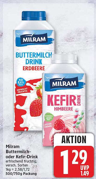Milram Buttermilch- oder Kefir-Drink erfrischend fruchtig, versch. Sorten 1kg = 2,58/1,72 500/750g Packung