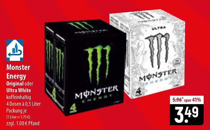 Monster Energy Original oder Ultra White koffeinhaltig 4 Dosen à 0,5 Liter Packung je