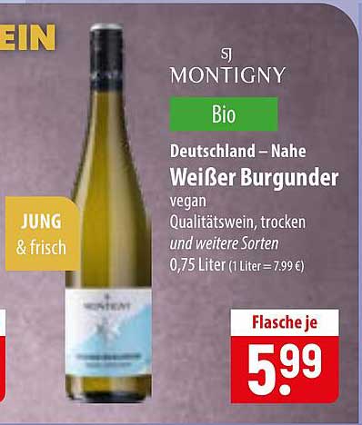 MONTIGNY Bio Deutschland – Nahe Weißer Burgunder vegan Qualitätswein, trocken und weitere Sorten 0,75 Liter (1 Liter = 7.99 €)