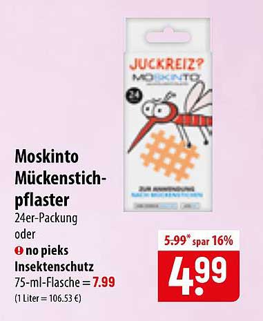 Moskinto Mückenstichpflaster 24er-Packung oder no piks Insektenschutz 75-ml-Flasche