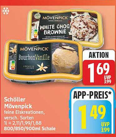 Mövenpick feine Eiskreationen, versch. Sorten 1 l = 2,11/1,99/1,88 800/850/900ml Schale