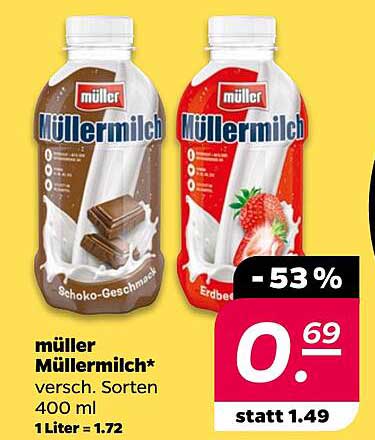 müller Müllermilch* versch. Sorten 400 ml 1 Liter = 1.72