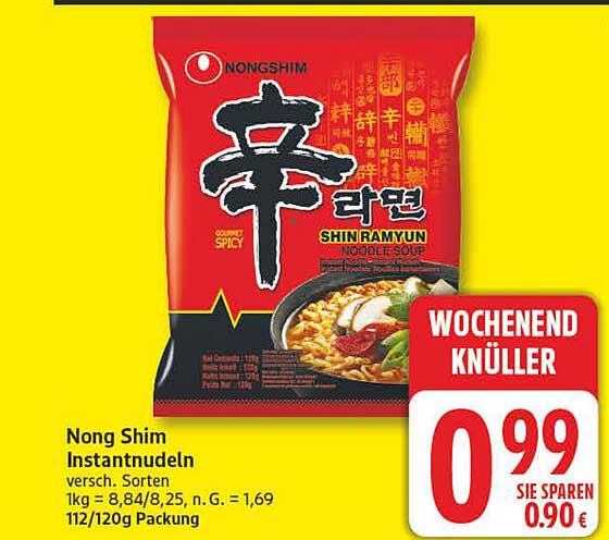 Nong Shim Instantnudeln versch. Sorten 1kg = 8,84/8,25, n.G. = 1,69 112/120g Packung
