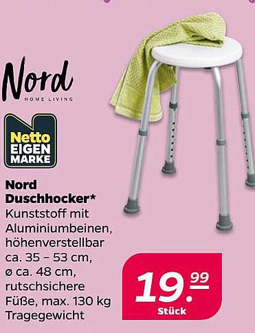 Nord Duschhocker* Kunststoff mit Aluminiumbeinen, höhenverstellbar ca. 35 – 53 cm, ø ca. 48 cm, rutschssichere Füße, max. 130 kg Tragegewicht