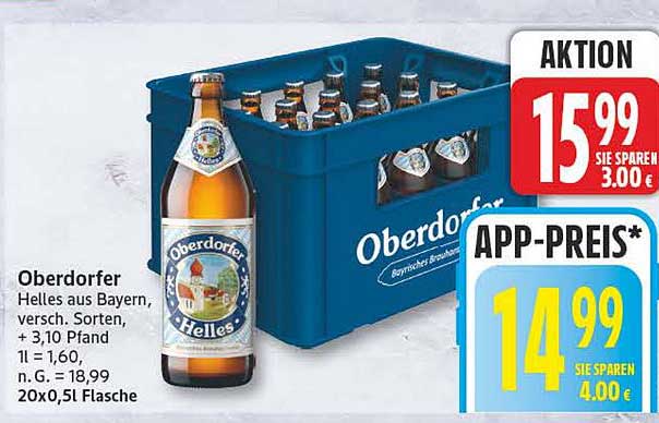 Oberdorfer Helles aus Bayern, versch. Sorten, + 3,10 Pfand 1 l = 1,60, n. G. = 18,99 20x0,5l Flasche