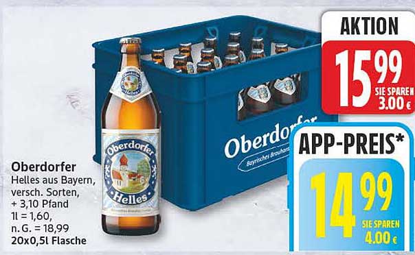 Oberdorfer Helles aus Bayern, versch. Sorten, + 3,10 Pfand 1l = 1,60, n. G. = 18,99 20x0,5l Flasche