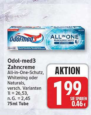 Odol-med3 Zahncreme All-in-One-Schutz, Whitening oder Naturals, versch. Varianten 1 = 26,53, n. G. = 2,45 75ml Tube