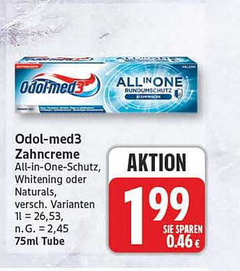 Odol-med3 Zahncreme All-in-One-Schutz, Whitening oder Naturals, versch. Varianten 1l = 26,53 n.G. = 2,45 75ml Tube
