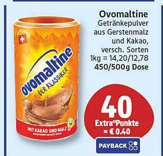 Ovomaltine Getränkepulver aus Gerstenmalz und Kakao, versch. Sorten 1kg = 14,20/12,78 450/500g Dose