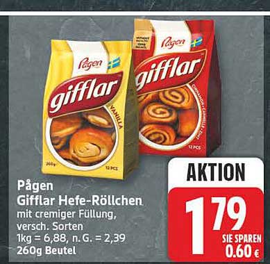 Pägen Gifflar Hefe-Röllchen, mit cremiger Füllung, versch. Sorten. 1kg = 6,88, G. = 2,39 260g Beutel