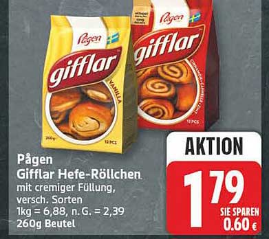 Pagen Gifflar Hefe-Röllchen mit cremiger Füllung, versch. Sorten 1kg = 6,88, G = 2,39 260g Beutel