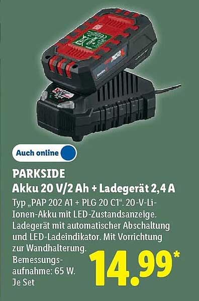 PARKSIDE Akku 20 V/2 Ah + Ladegerät 2,4 A
