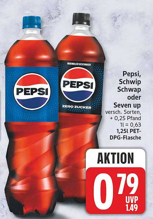 Pepsi, Schiwp Schwap oder Seven up versch. Sorten, + 0,25 Pfand 1l = 0,63 1,25l PET-DPG-Flasche