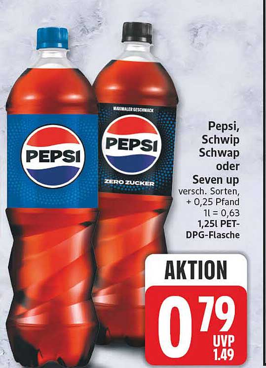 Pepsi, Schwip Schwap oder Seven up versch. Sorten, + 0,25 Pfand 1l = 0,63 1,25l PET-DPG-Flasche