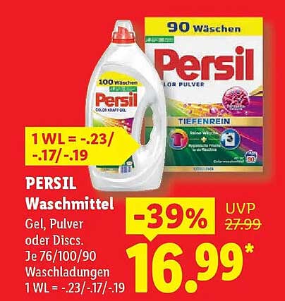 PERSIL Waschmittel Gel, Pulver oder Discs. Je 76/100/90 Waschladu ngen 1 WL = -.23/-.17/-.19