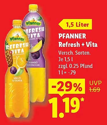 PFANNER Refresh + Vita Versch. Sorten. Je 1,5 l zzgl. 0,25 Pfand 1 l = -.79