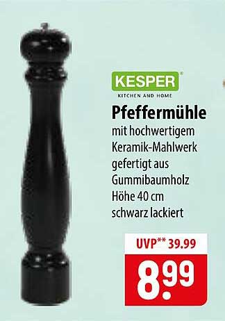 Pfeffermühle mit hochwertigem Keramik-Mahlwerk gefertigt aus Gummibaumholz Höhe 40 cm schwarz lackiert