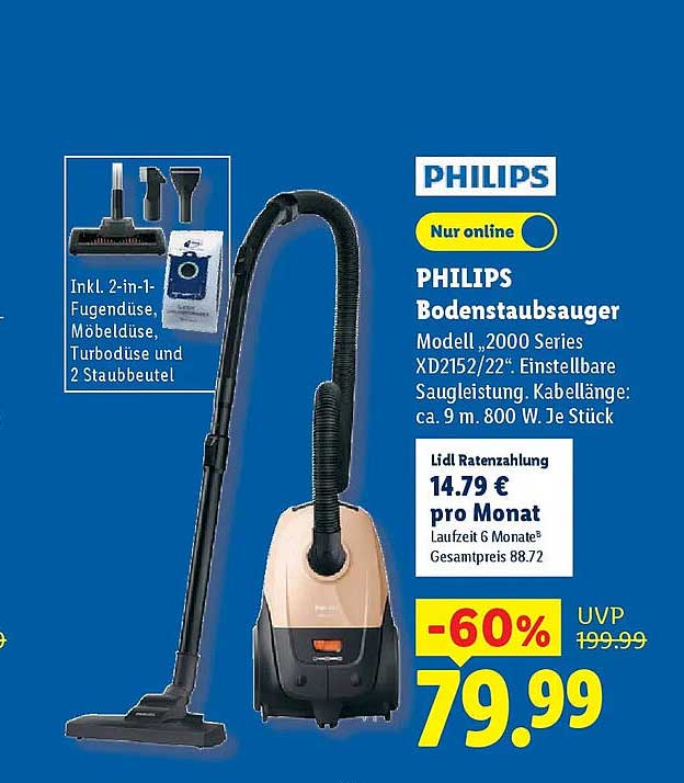 PHILIPS Bodenstaubsauger Modell „2000 Series XD2152/22“. Einstellbare Saugleistung. Kabellänge: ca. 9 m. 800 W. Je Stück