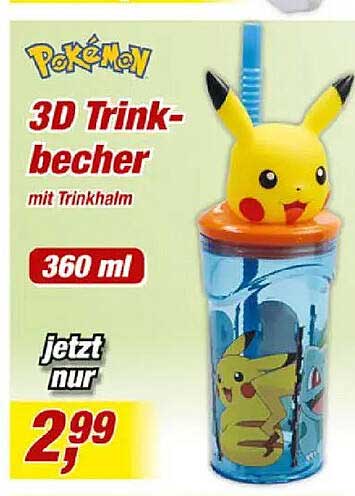 Pokémon 3D Trink-becher mit Trinkhalm