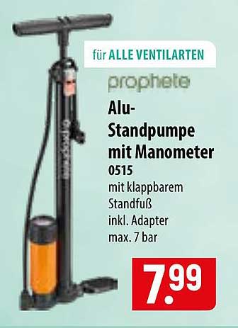 prophète Alu-Standpumpe mit Manometer 0515 mit klappbarem Standfuß inkl. Adapter max. 7 bar