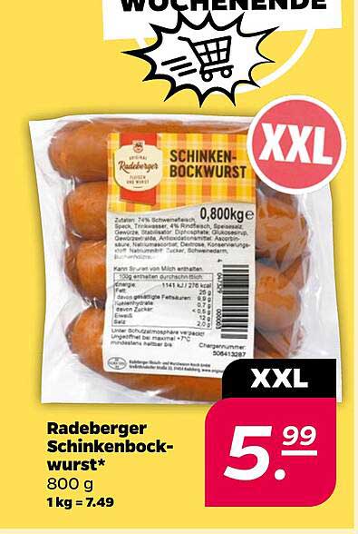 Radeberger Schinkenbockwurst* 800 g 1kg = 7.49