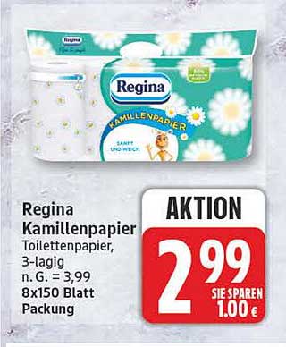 Regina Kamillenpapier Toilettenpapier, 3-lagig, n.G. = 3,99 8x150 Blatt Packung