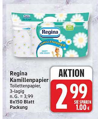 Regina Kamillenpapier Toilettenpapier, 3-lagig, n.G. = 3,99 8x150 Blatt Packung