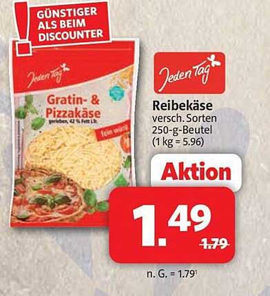 Reibekäse versch. Sorten 250-g-Beutel (1 kg = 5.96)