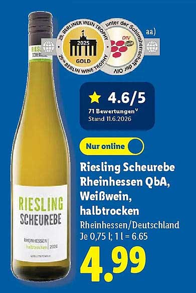 Riesling Scheurebe Rheinhessen QbA, Weißwein, halbtrocken