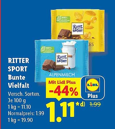 RITTER SPORT Bunte Vielfalt Versch. Sorten. Je 100 g