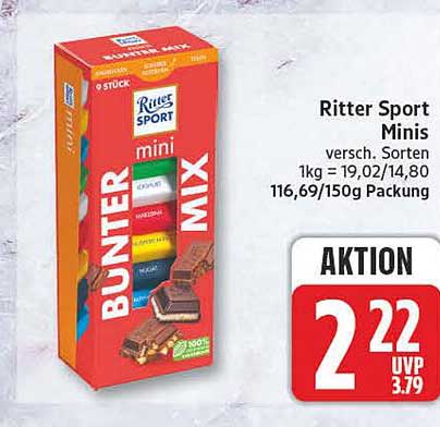 Ritter Sport Minis versch. Sorten 1kg = 19,02/14,80 116,69/150g Packung