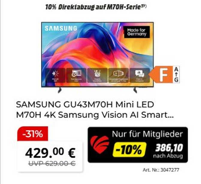 SAMSUNG GU43M70H Mini LED M70H 4K Samsung Vision AI Smart...