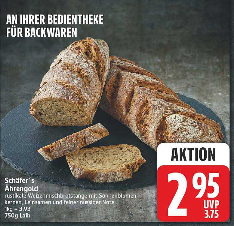 Schäfer´s Ährengold rustikale Weizenmischbrotstange mit Sonnenblumenkernen, Leinsamen und feiner nussiger Note 750g Laib