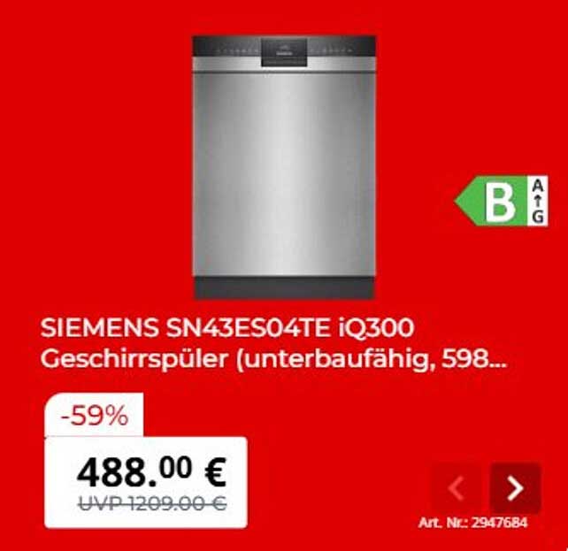 SIEMENS SN43ES04TE iQ300 Geschirrspüler (unterbaufähig, 598...