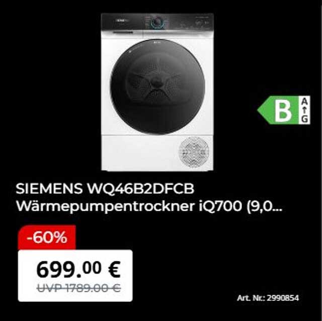 SIEMENS WQ46B2DFCB Wärmepumpentrockner iQ700 (9,0...