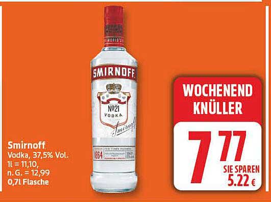 Smirnoff Vodka, 37,5% Vol. 1 l = 11,10, n. G. = 12,99, 0,7 l Flasche