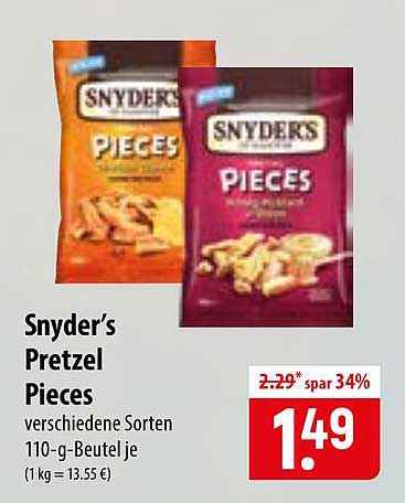 Snyder’s Pretzel Pieces verschiedene Sorten 110-g-Beutel je (1 kg = 13.55 €)