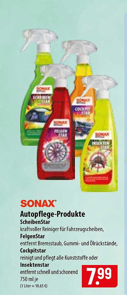 SONAX Autopflege-Produkte ScheibenStar, FelgenStar, Cockpitstar, Insektenstar 750 ml je