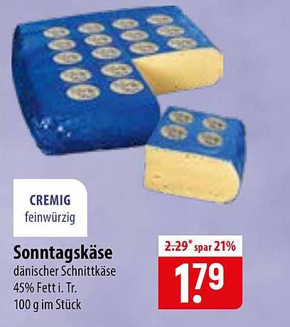 Sonntagskäse dänischer Schnittkäse 45% Fett i. Tr. 100 g im Stück
